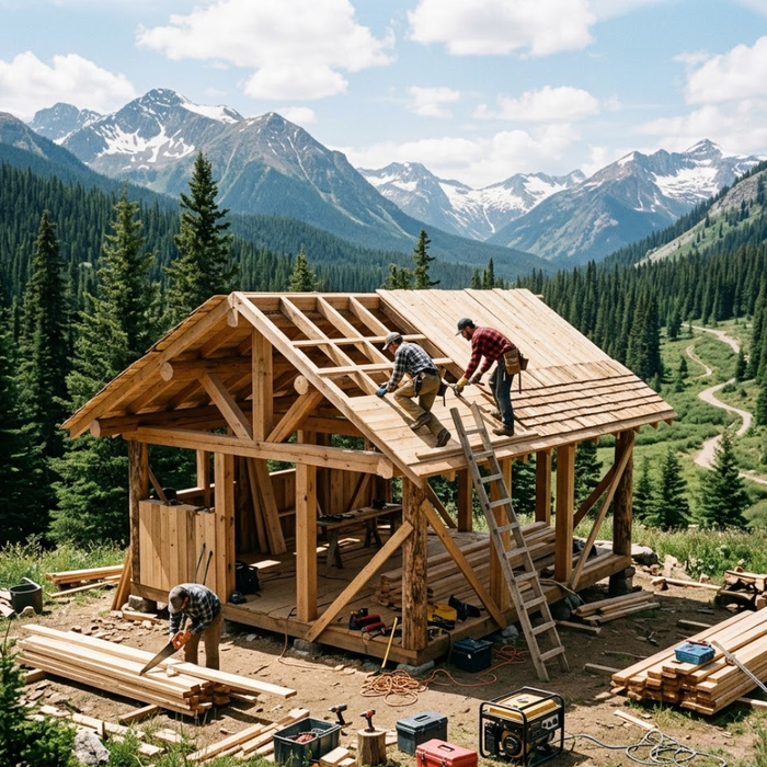 Building a timber off-grid cabin in a mountain forest