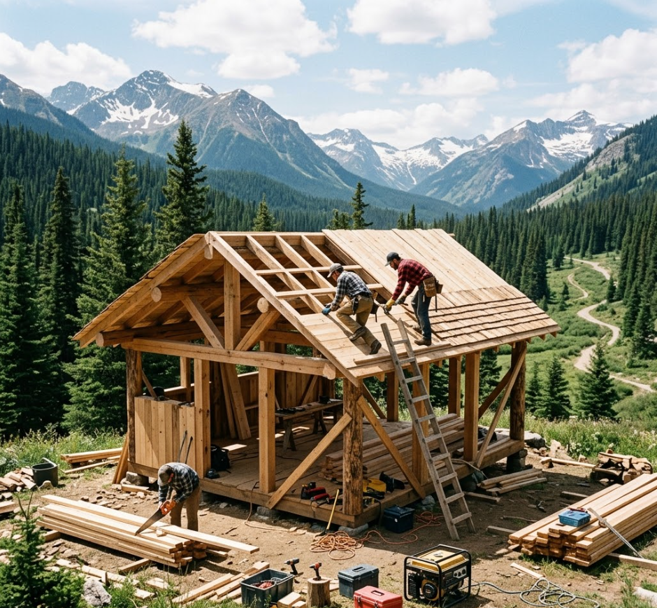 Building a timber off-grid cabin in a mountain forest