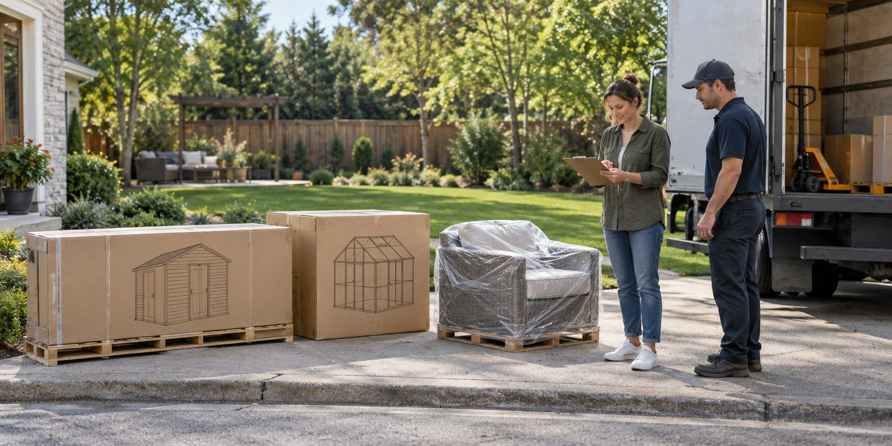 Homeowner checking delivery of a shed kit, greenhouse kit, and outdoor furniture