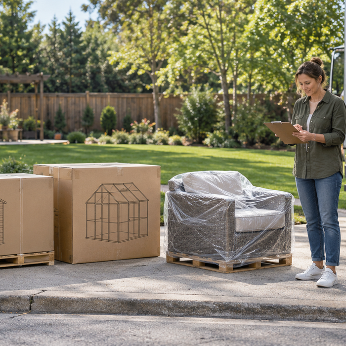 Homeowner checking delivery of a shed kit, greenhouse kit, and outdoor furniture