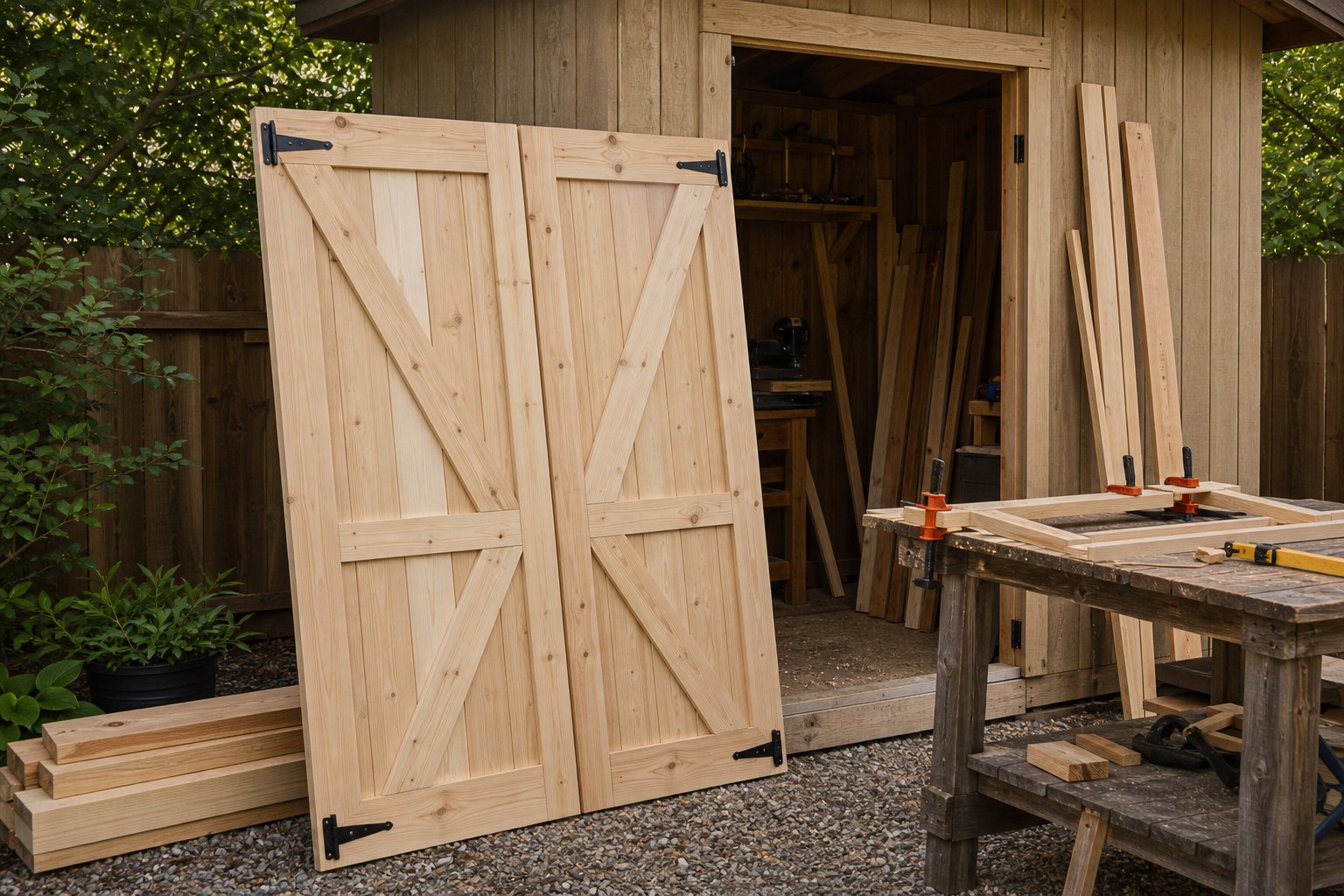 Barn-style shed doors built beside a shed workshop area
