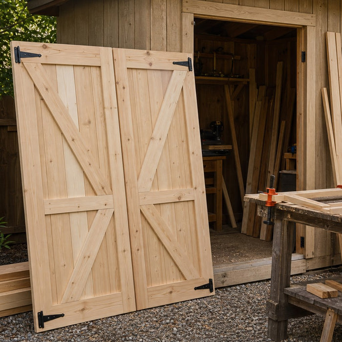 Barn-style shed doors built beside a shed workshop area