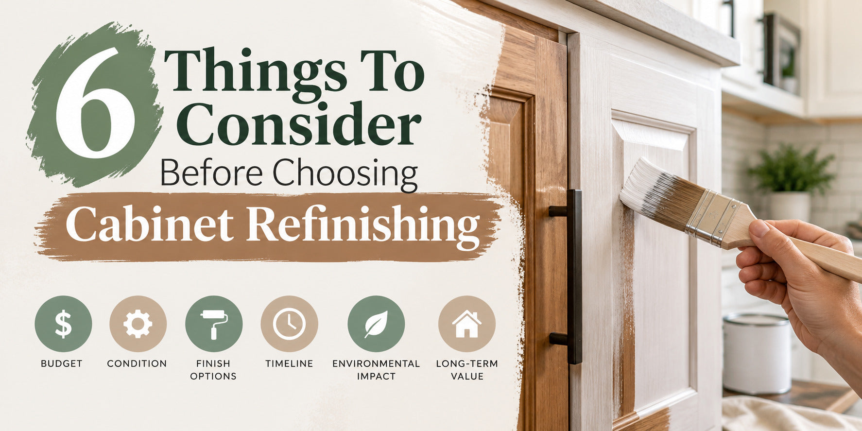 Cabinet refinishing guide graphic showing a paintbrush on a cabinet door