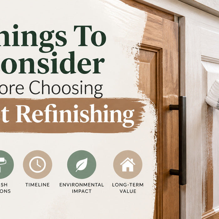 Cabinet refinishing guide graphic showing a paintbrush on a cabinet door
