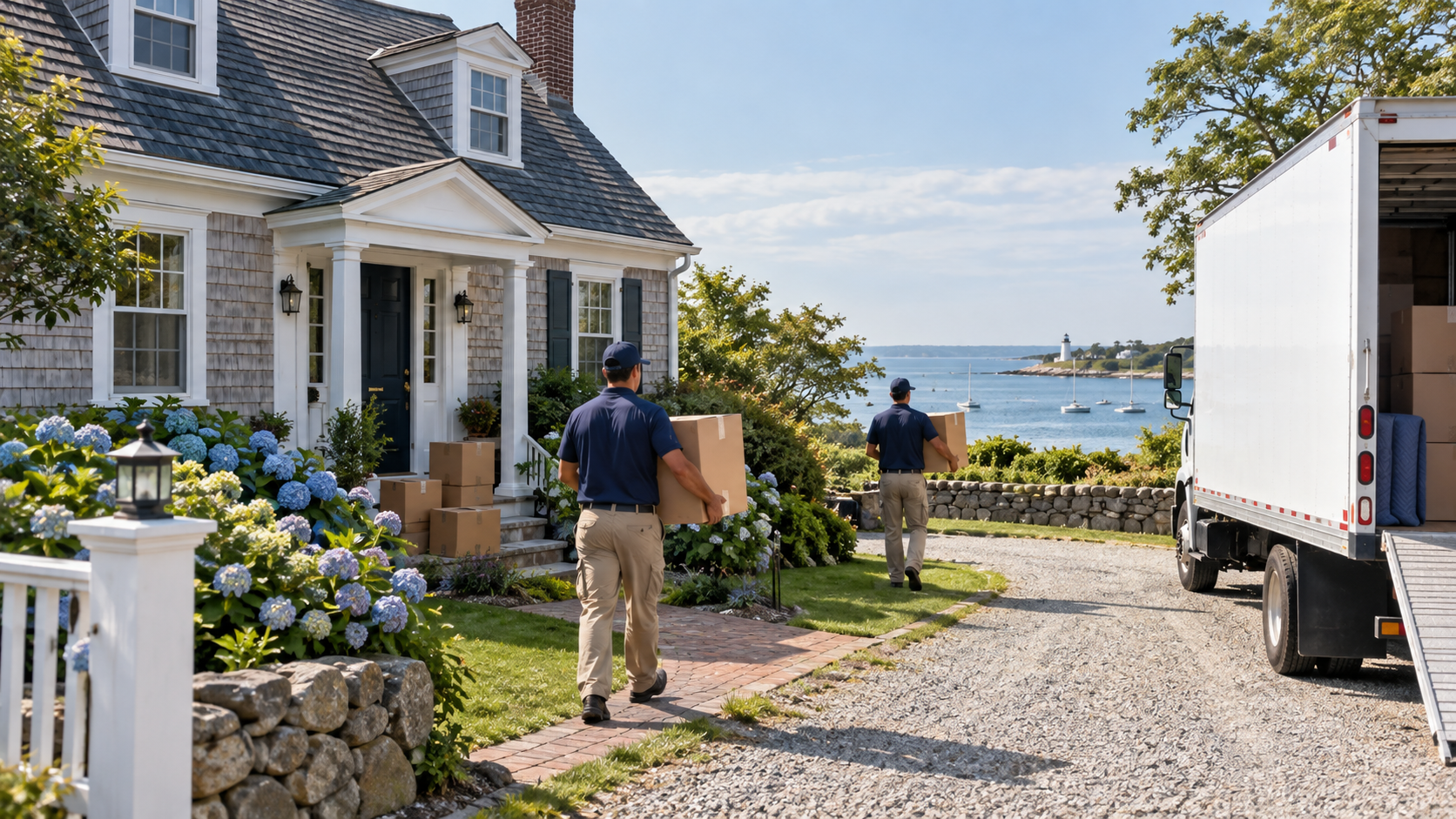 Professional movers carrying boxes outside a Cape Cod home