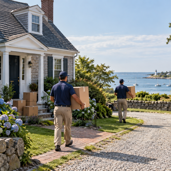 Professional movers carrying boxes outside a Cape Cod home