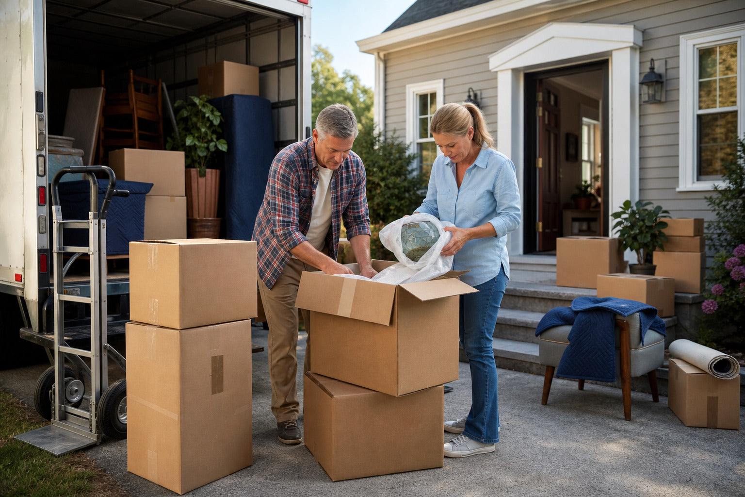 Homeowners carefully packing belongings beside a moving truck