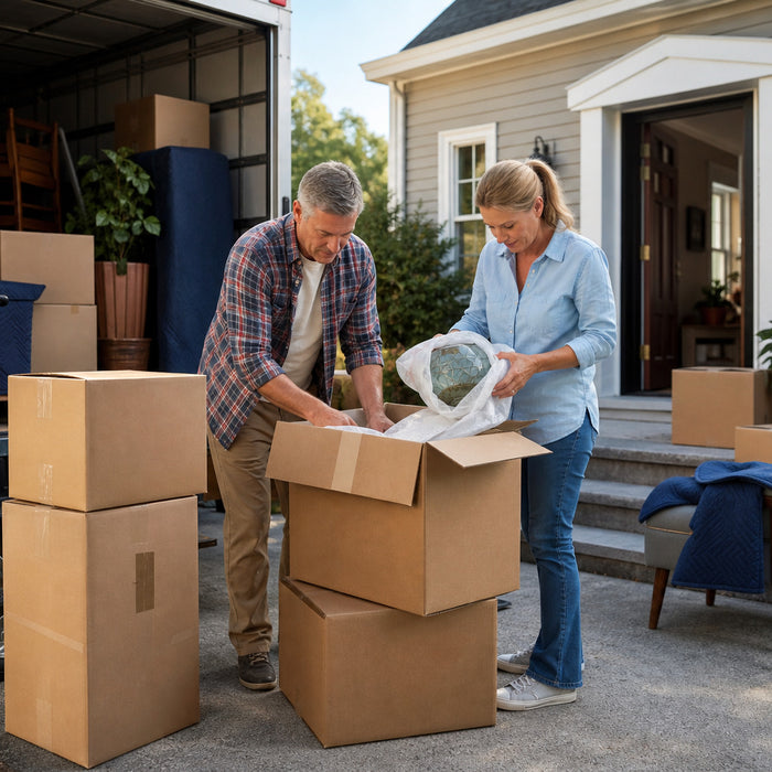 Homeowners carefully packing belongings beside a moving truck