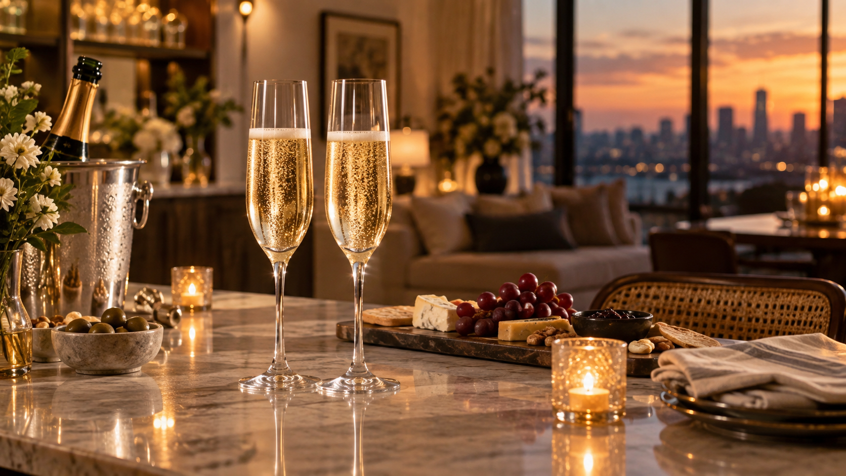 Artisan champagne flutes in a warm residential home entertaining space