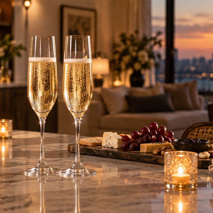 Artisan champagne flutes in a warm residential home entertaining space