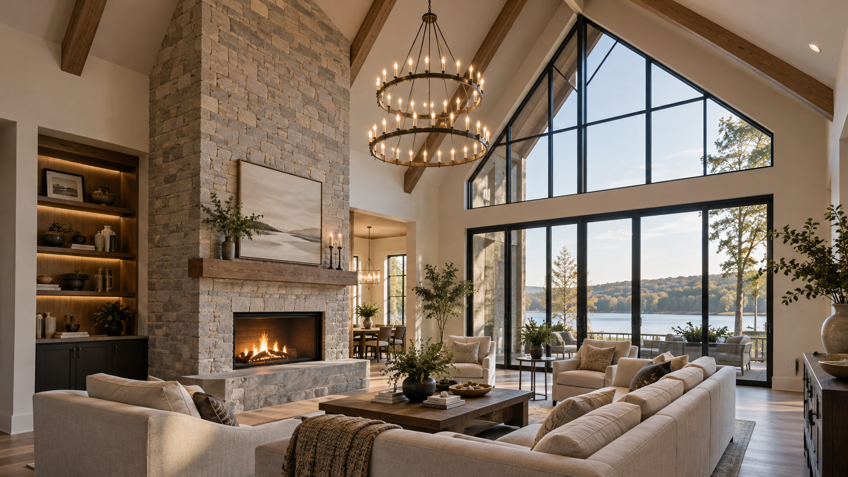 Elegant chandelier centered in a vaulted living room