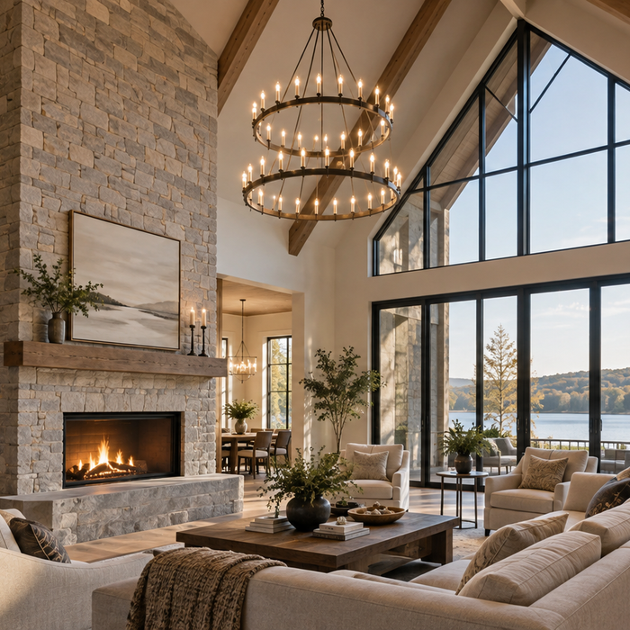 Elegant chandelier centered in a vaulted living room