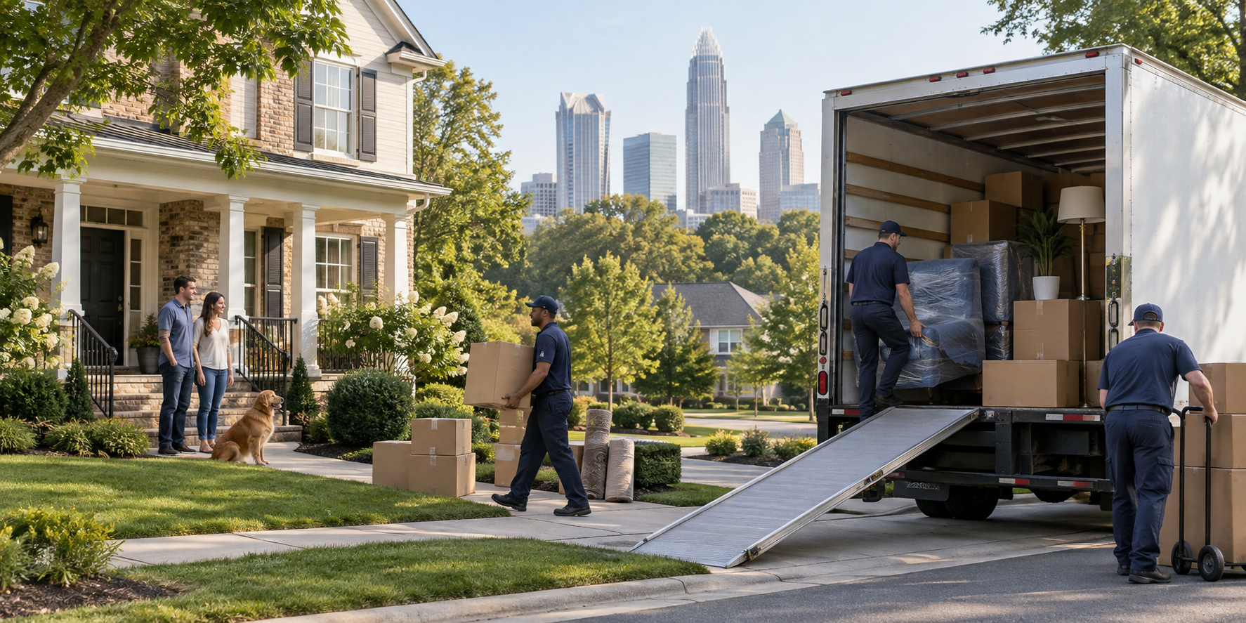 Professional movers loading a truck outside a Charlotte home
