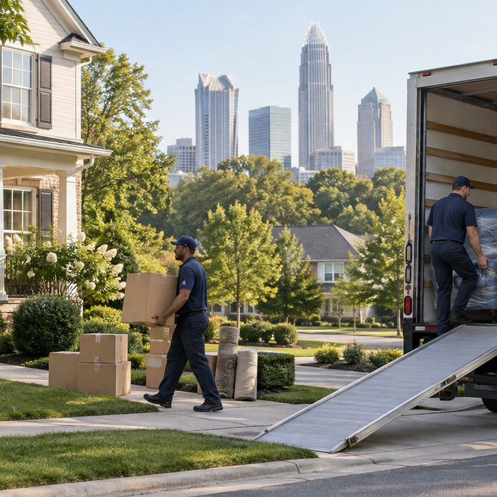 Professional movers loading a truck outside a Charlotte home