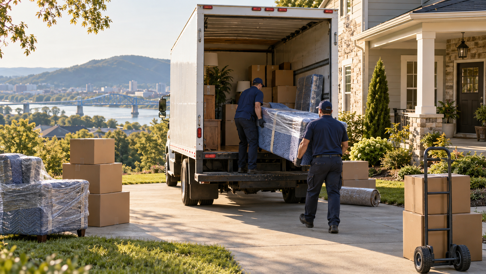 Professional movers loading furniture outside a Chattanooga home