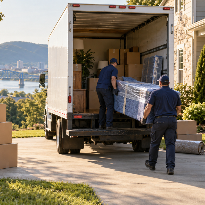 Professional movers loading furniture outside a Chattanooga home