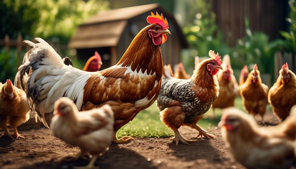 Mixed chicken flock walking outdoors