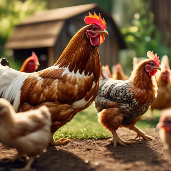 Mixed chicken flock walking outdoors