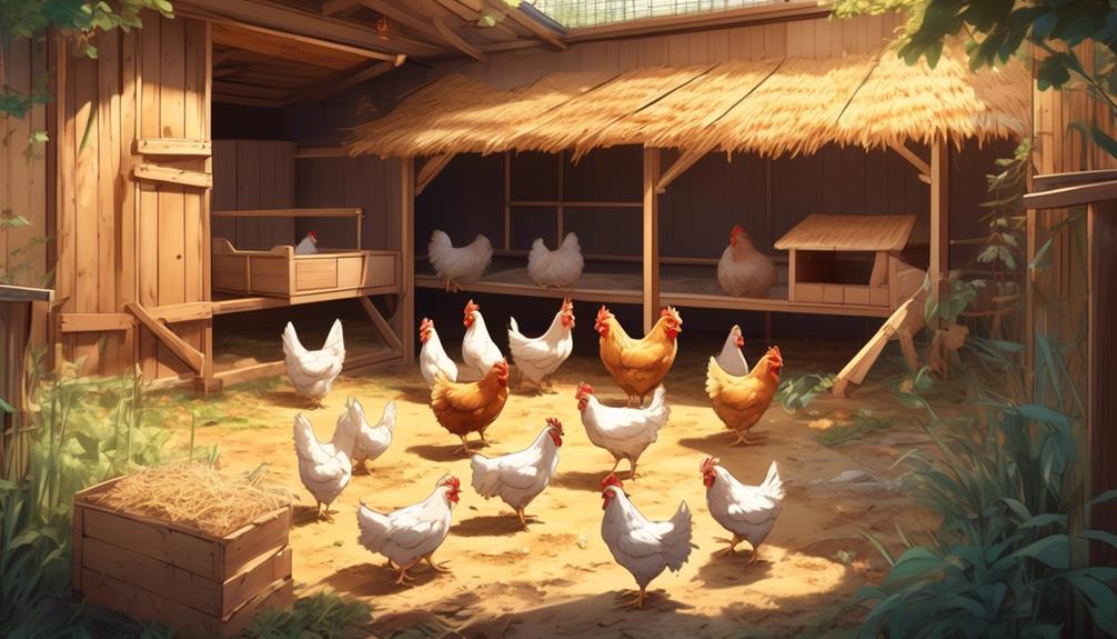 Chickens standing in a coop with straw-covered flooring