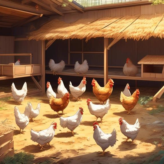 Chickens standing in a coop with straw-covered flooring