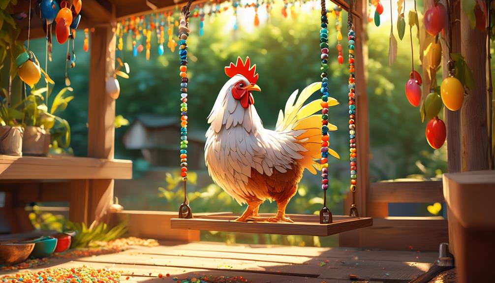 Illustration of a rooster standing on a wooden swing inside a decorated chicken coop