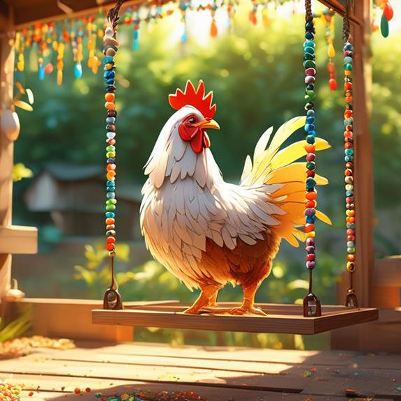 Illustration of a rooster standing on a wooden swing inside a decorated chicken coop