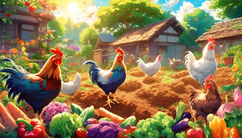 Illustration of chickens walking through compost and vegetables in garden beds