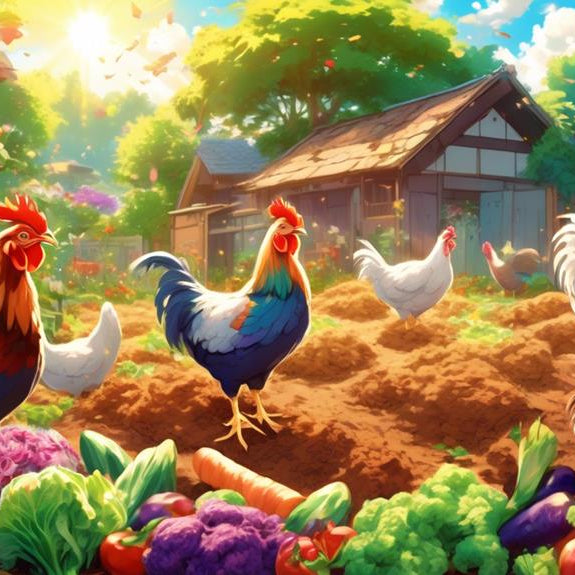 Illustration of chickens walking through compost and vegetables in garden beds