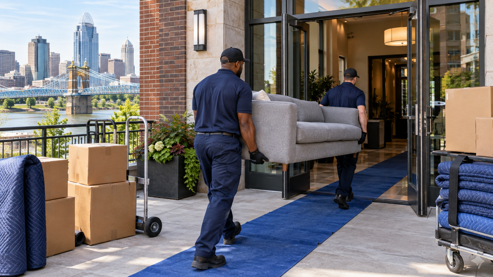 Professional movers carrying a sofa into a Cincinnati apartment building