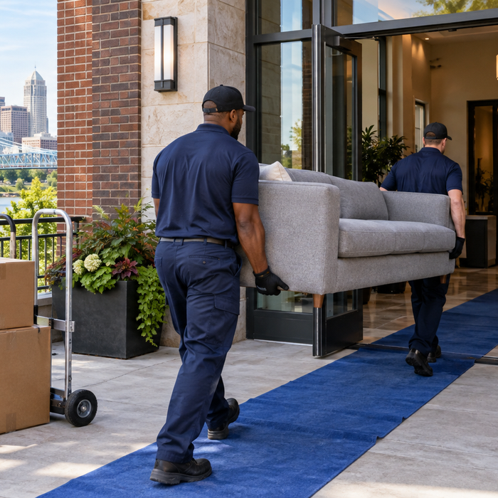 Professional movers carrying a sofa into a Cincinnati apartment building