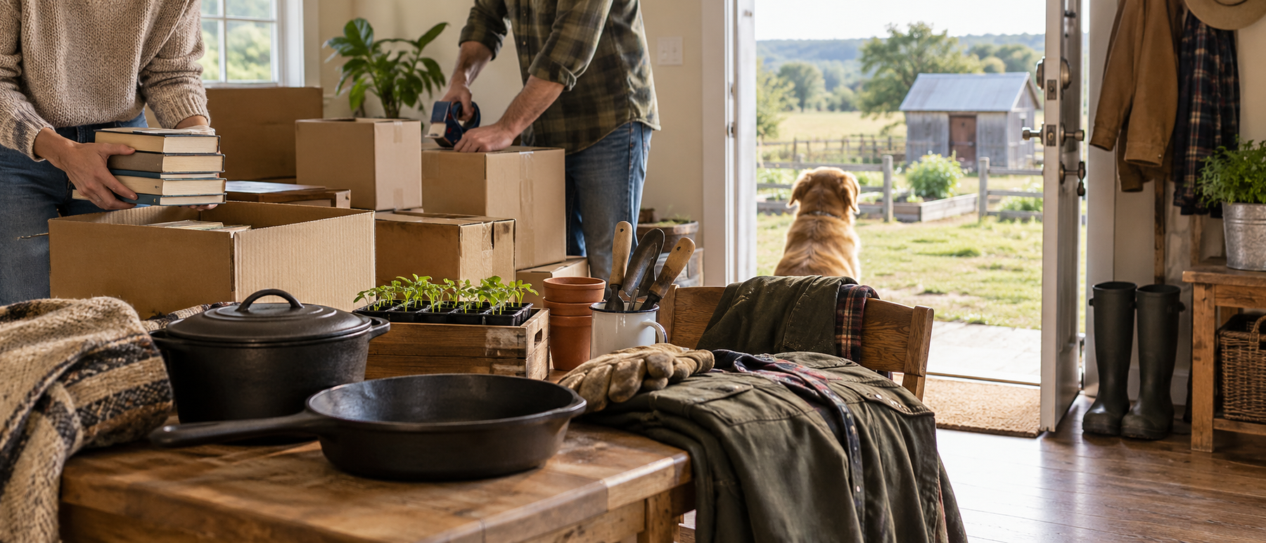 Organized moving boxes and practical homestead belongings ready for a rural move