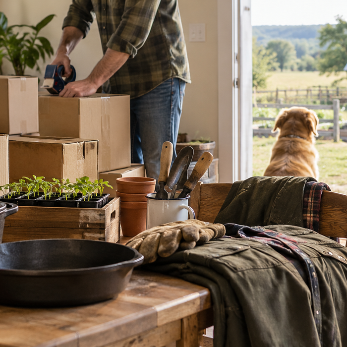 Organized moving boxes and practical homestead belongings ready for a rural move