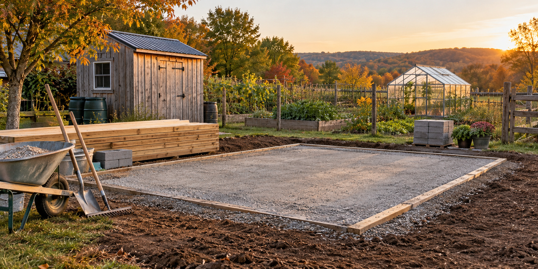 Cleared gravel building pad prepared for a new homestead shed or greenhouse