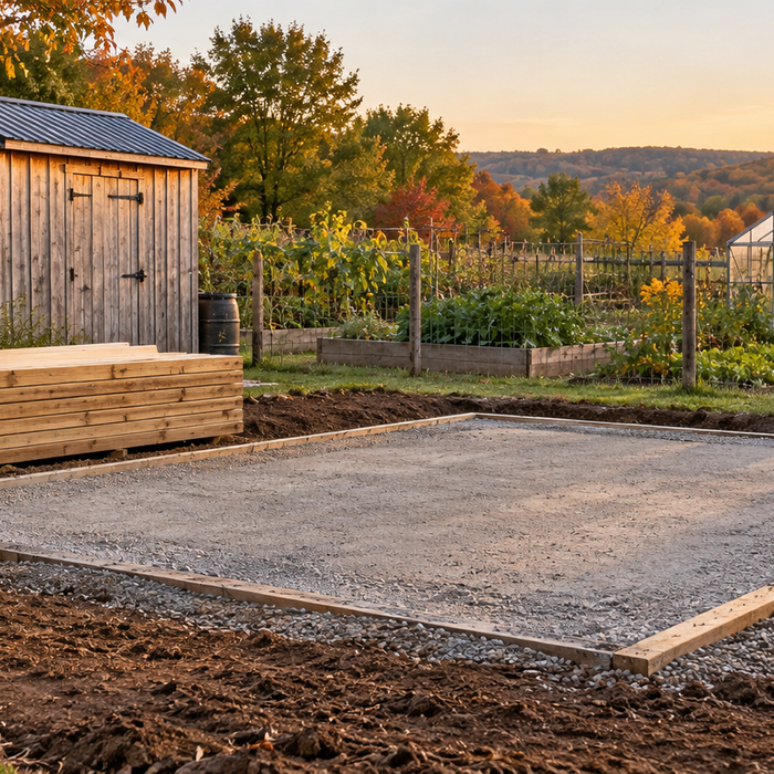 Cleared gravel building pad prepared for a new homestead shed or greenhouse