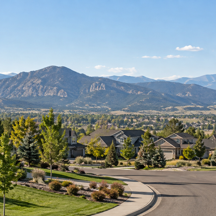 Colorado suburban neighborhood with spacious yards and Front Range foothills