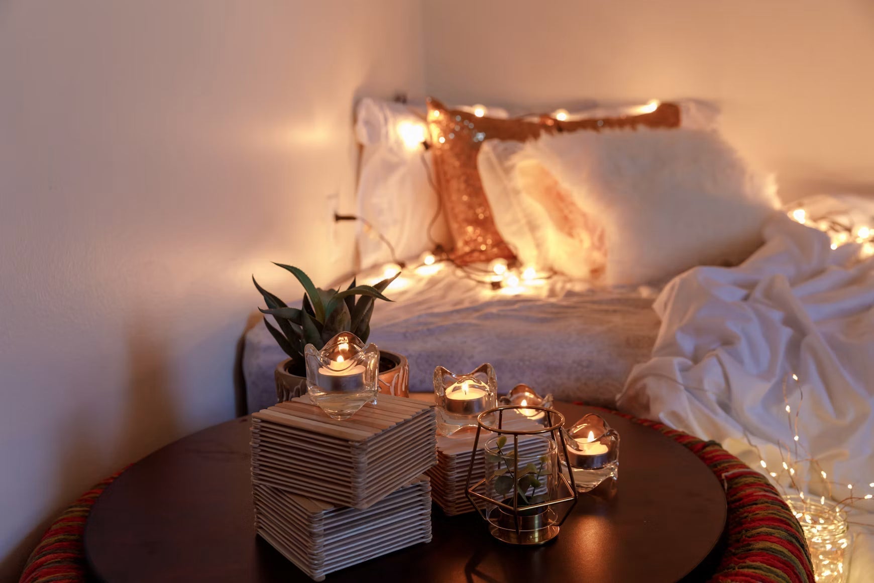 Cozy bedroom with pillows, blankets, candles, and warm string lights