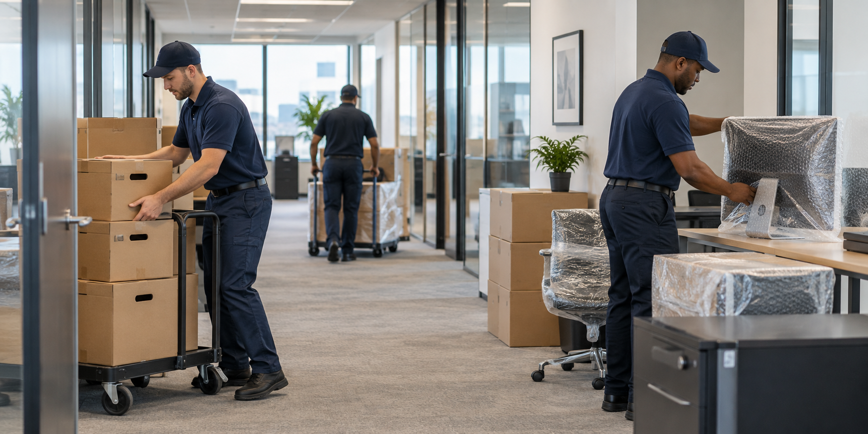 Commercial moving crew relocating organized office furniture and records