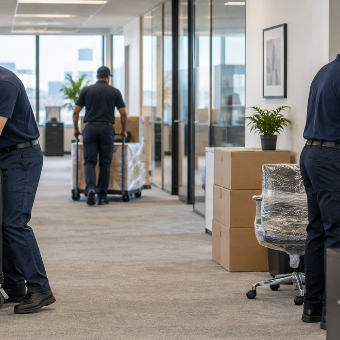 Commercial moving crew relocating organized office furniture and records