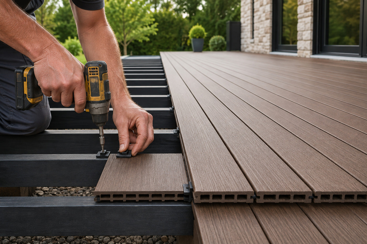 Worker fastening a clip between composite deck boards