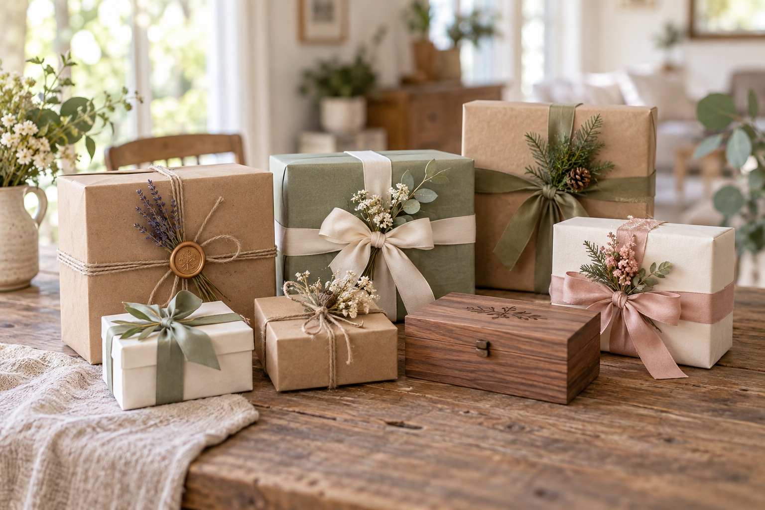 Custom gift boxes with ribbons and natural embellishments on a farmhouse table