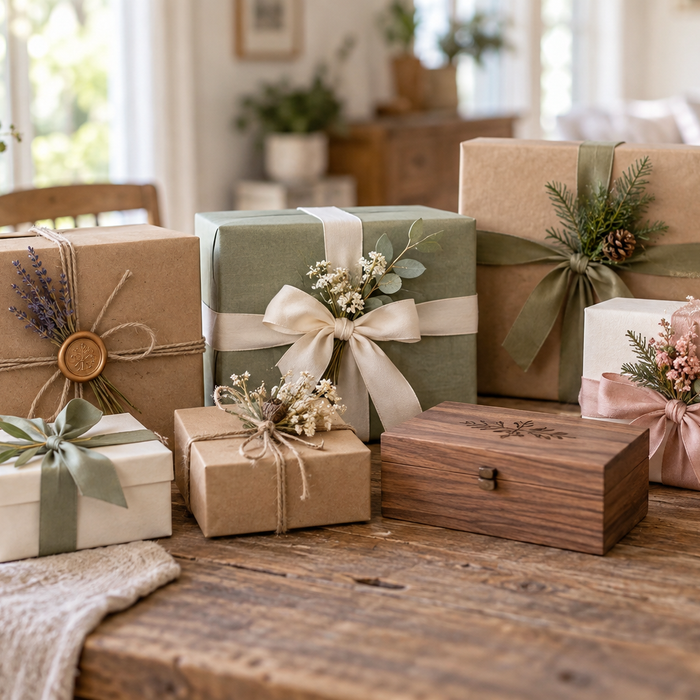 Custom gift boxes with ribbons and natural embellishments on a farmhouse table