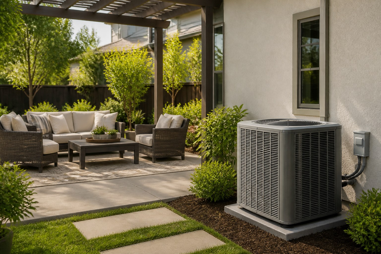 Backyard patio with an HVAC unit near an outdoor seating area