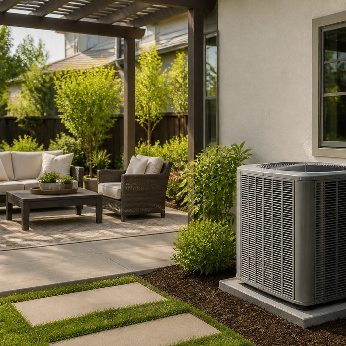 Backyard patio with an HVAC unit near an outdoor seating area