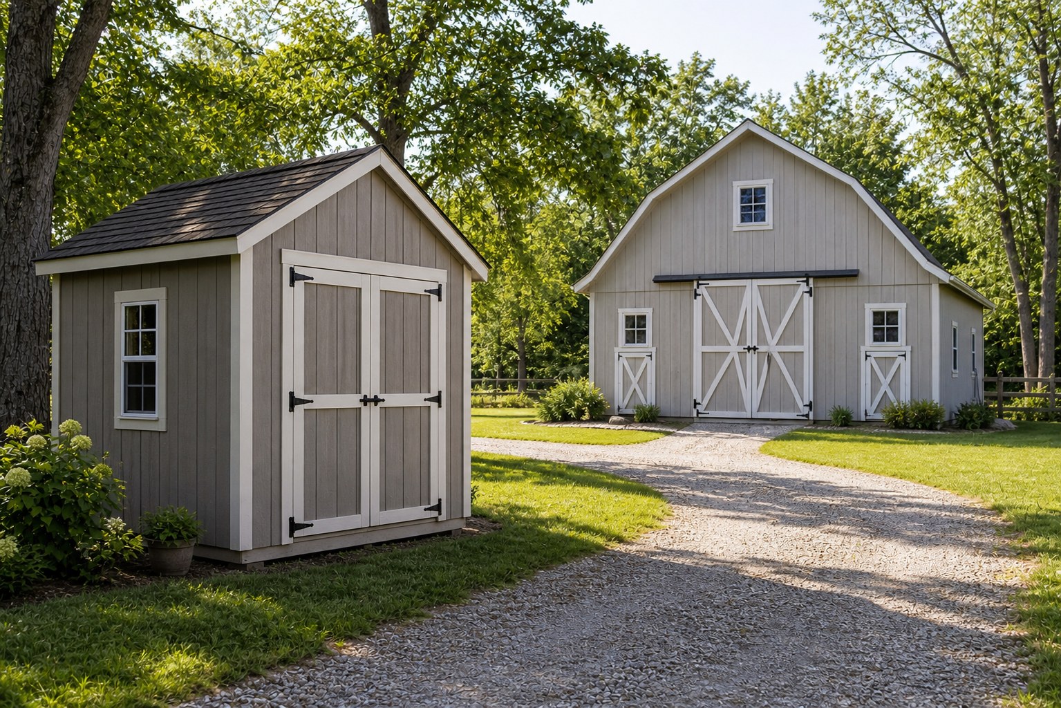 Small storage shed and larger barn on the same rural property