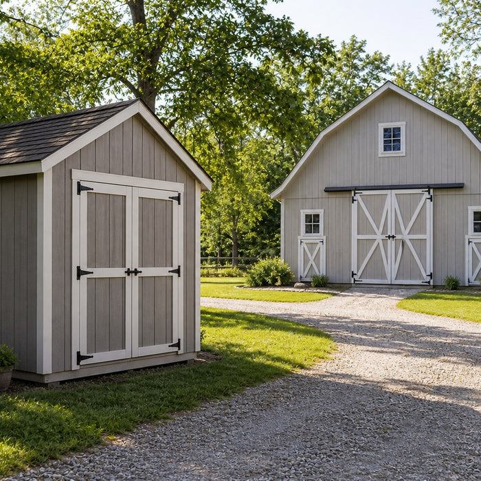 Small storage shed and larger barn on the same rural property