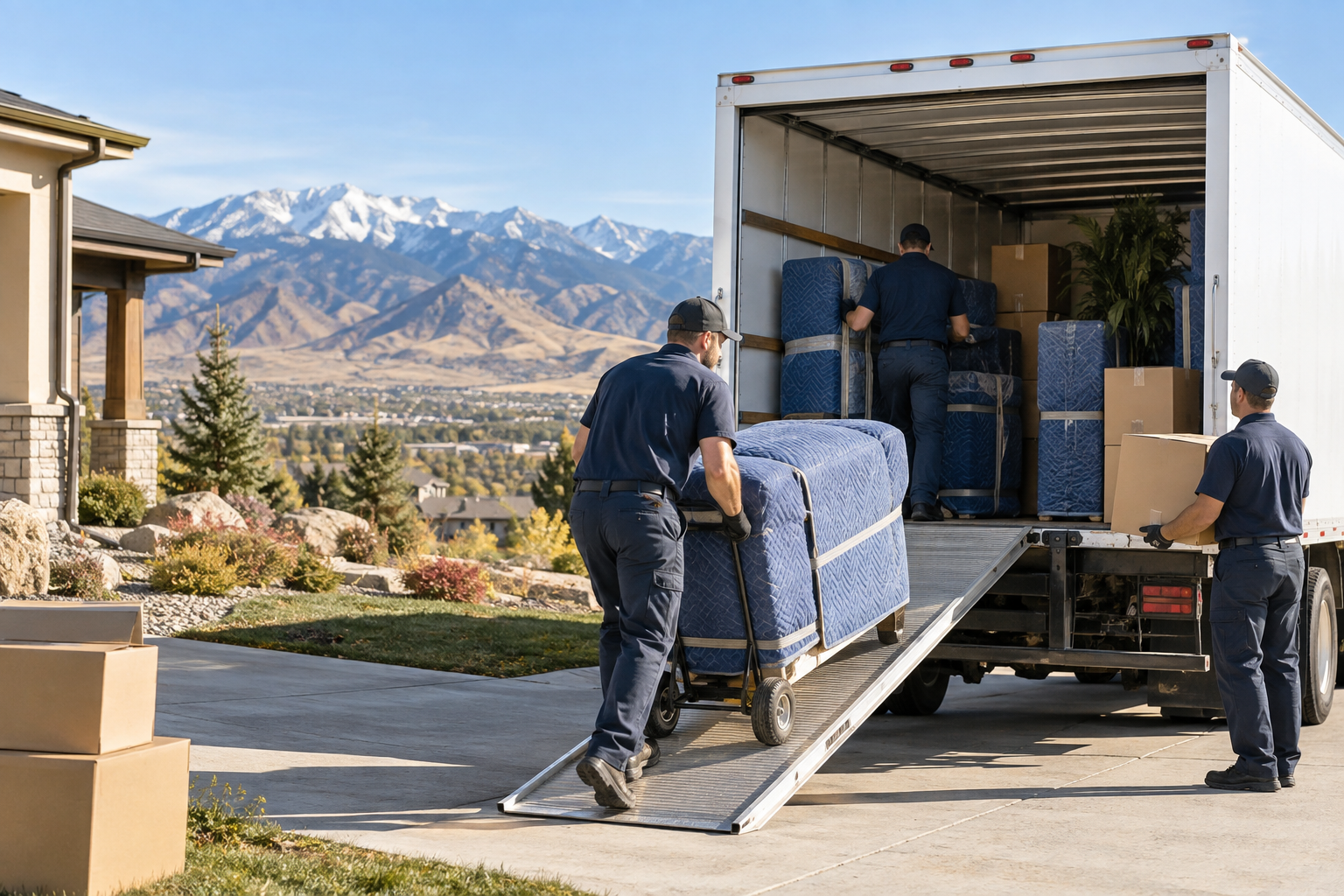 Professional movers loading protected furniture outside a Denver home