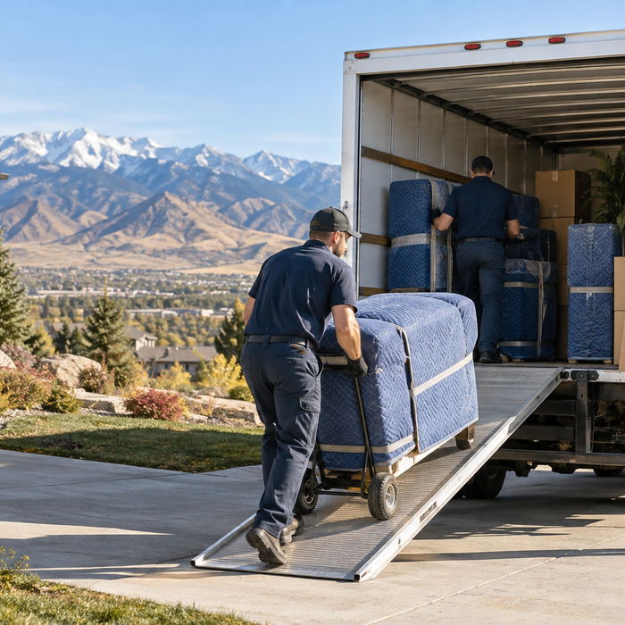 Professional movers loading protected furniture outside a Denver home