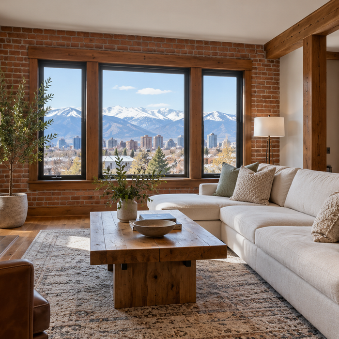 Remodeled Denver brick home interior with modern windows and mountain views