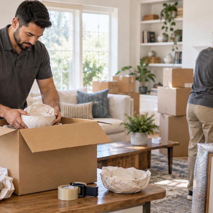 Professional movers packing fragile household items in a bright living room