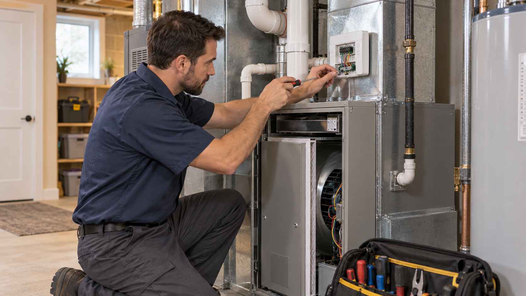 HVAC technician inspecting a residential furnace control system
